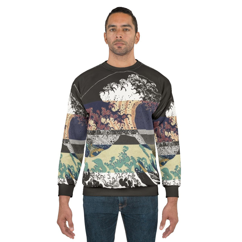 Glitch aesthetic Hokusai wave color sweatshirt