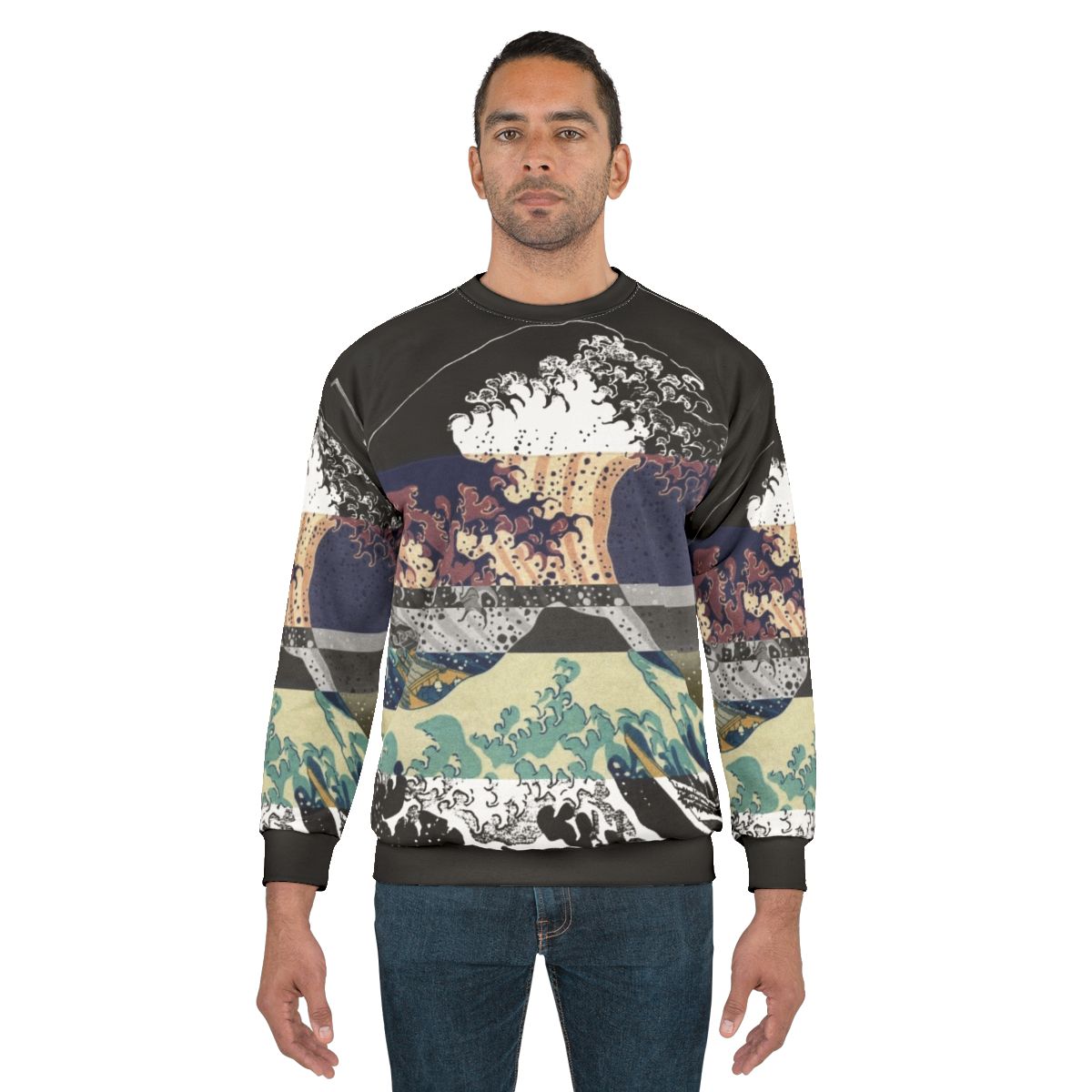 Glitch aesthetic Hokusai wave color sweatshirt