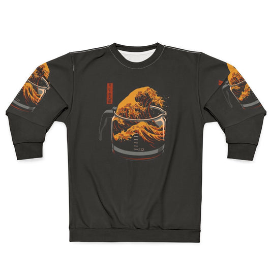 The Great Wave of Coffee Sweatshirt featuring a pop art design inspired by the famous Japanese woodblock print