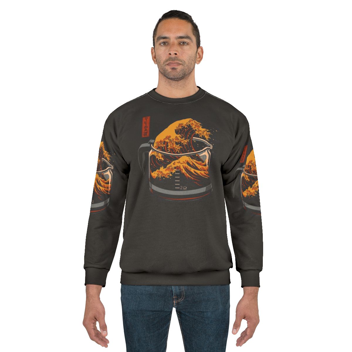The Great Wave of Coffee Sweatshirt featuring a pop art design inspired by the famous Japanese woodblock print