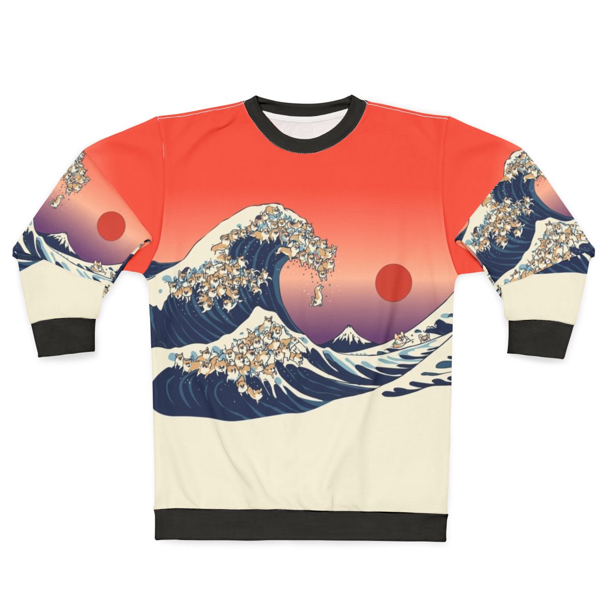 Corgis surfing in the Great Wave of Kanagawa inspired sweatshirt