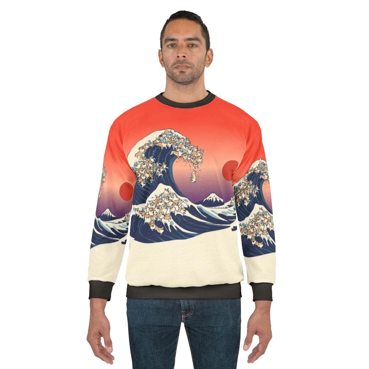 Corgis surfing in the Great Wave of Kanagawa inspired sweatshirt