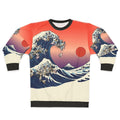 French bulldog wearing sweatshirt with Hokusai's great wave design