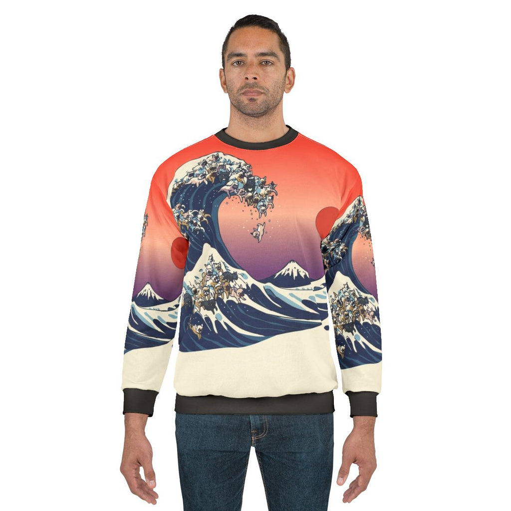 French bulldog wearing sweatshirt with Hokusai's great wave design