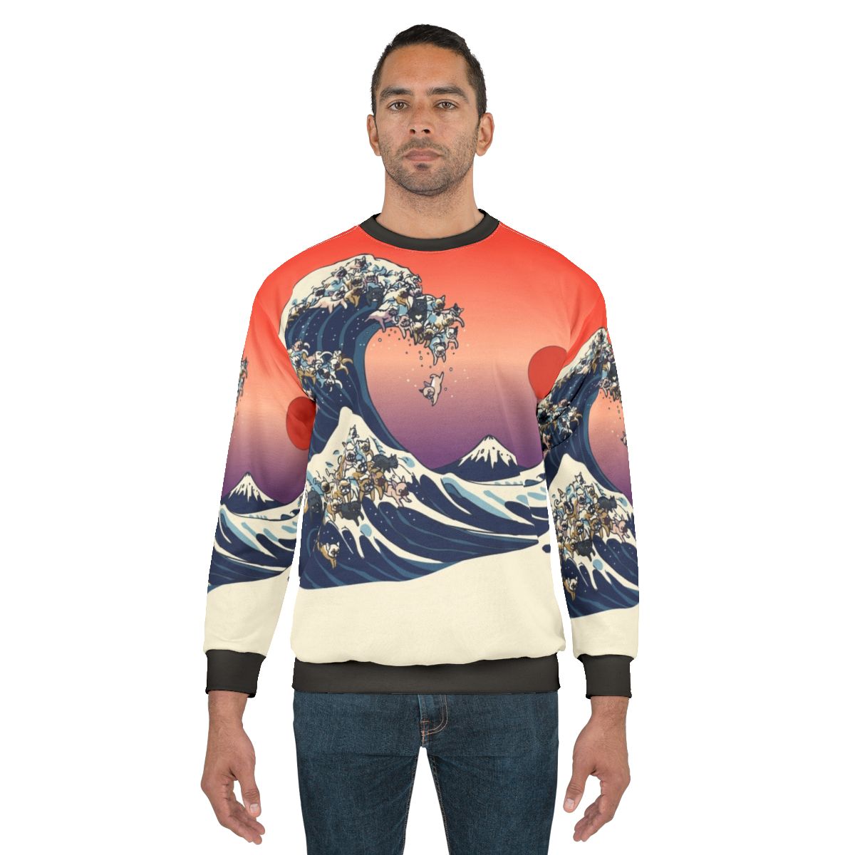 French bulldog wearing sweatshirt with Hokusai's great wave design