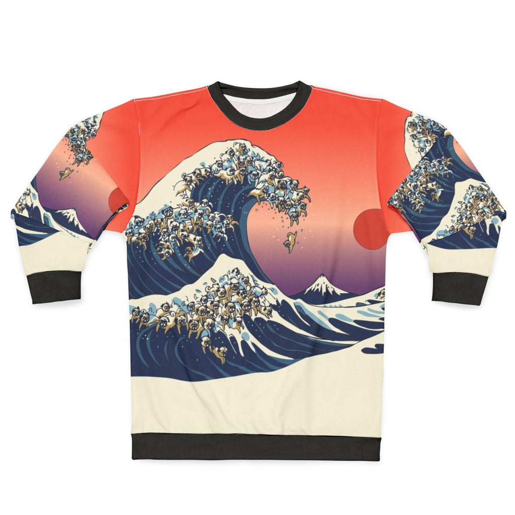 Great Wave of Pug Sweatshirt featuring Japanese-inspired pug artwork