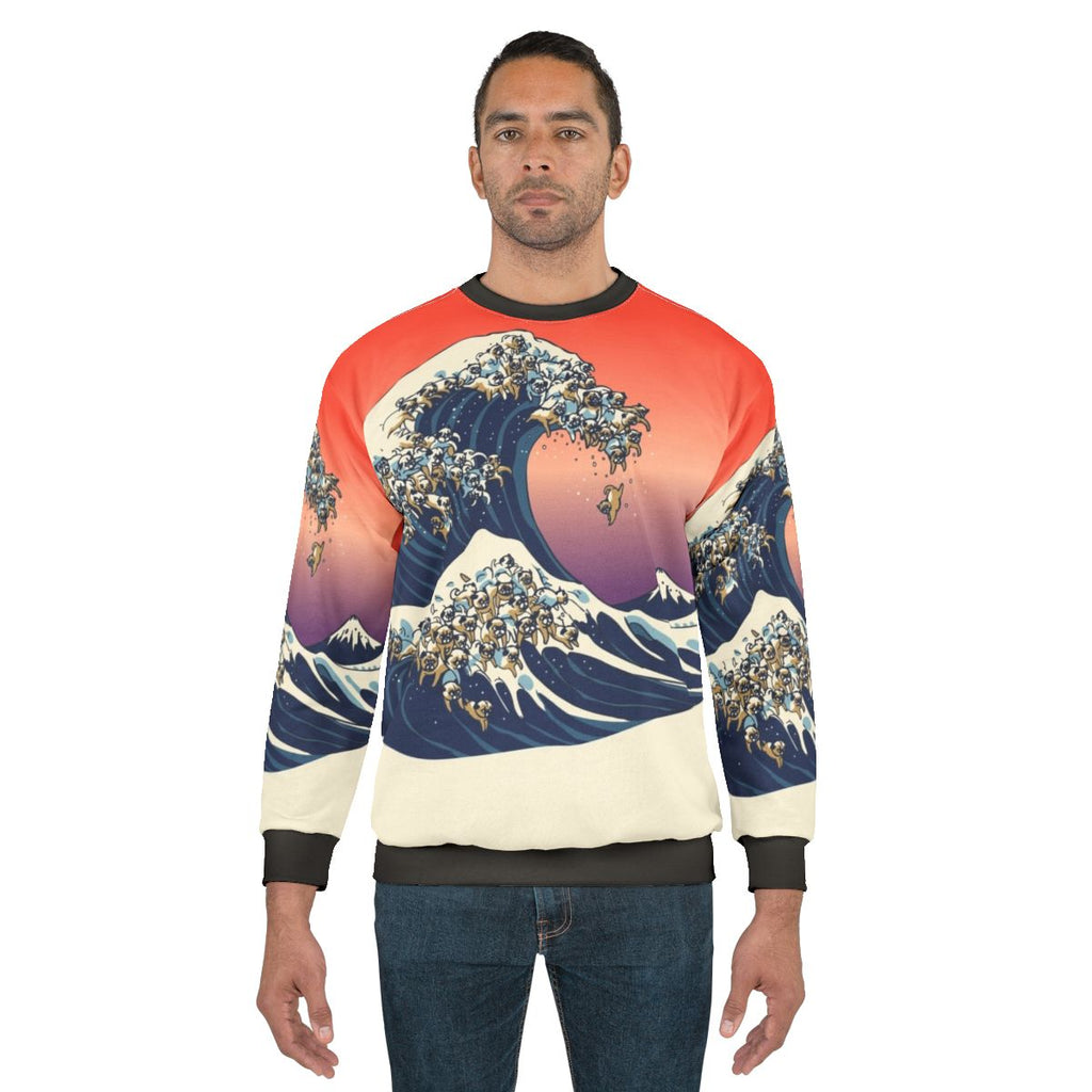 Great Wave of Pug Sweatshirt featuring Japanese-inspired pug artwork