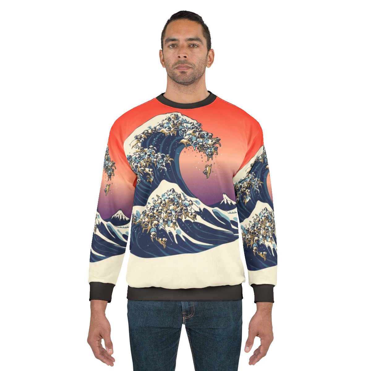 Great Wave of Pug Sweatshirt featuring Japanese-inspired pug artwork
