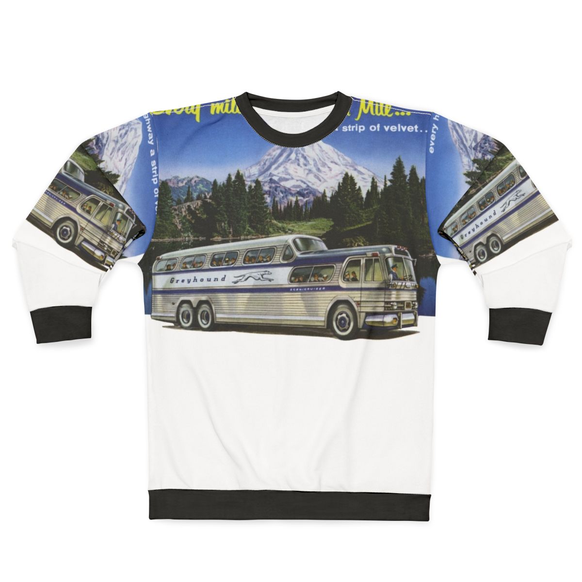 Retro Greyhound bus sweatshirt with 1950s travel theme