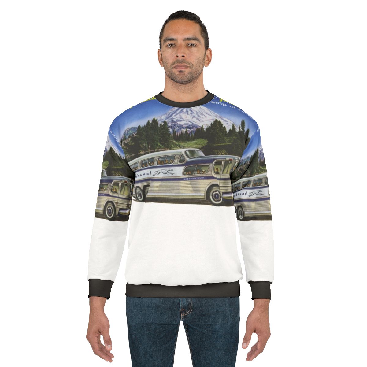 Retro Greyhound bus sweatshirt with 1950s travel theme