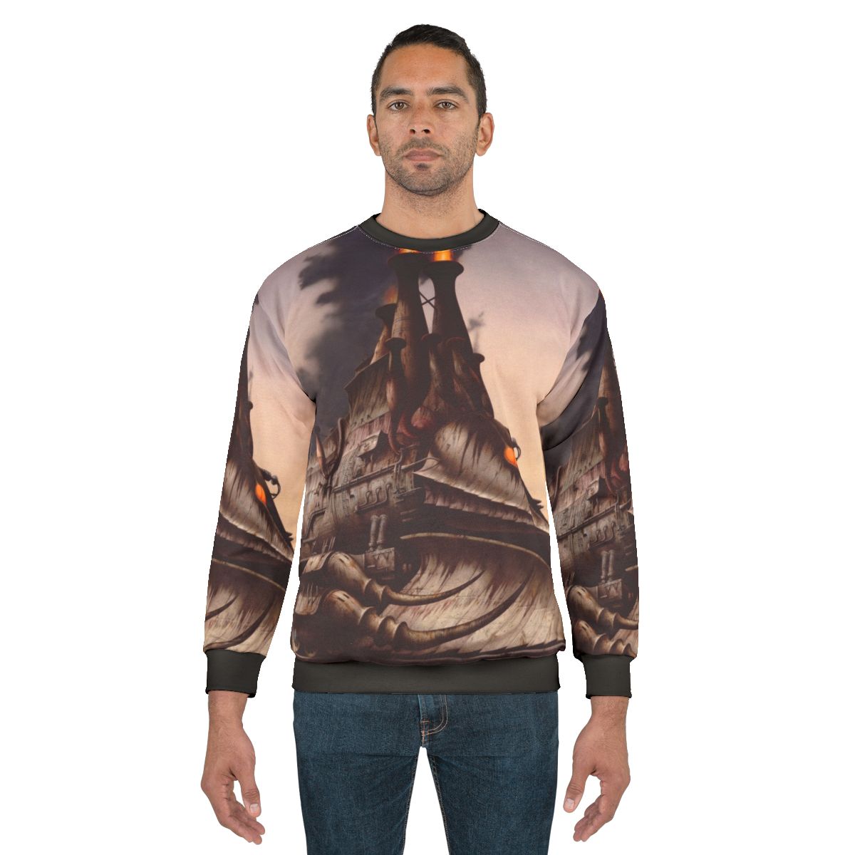 The Heavy Metal Hero Sweatshirt featuring fantasy art, locomotive, and steam punk design