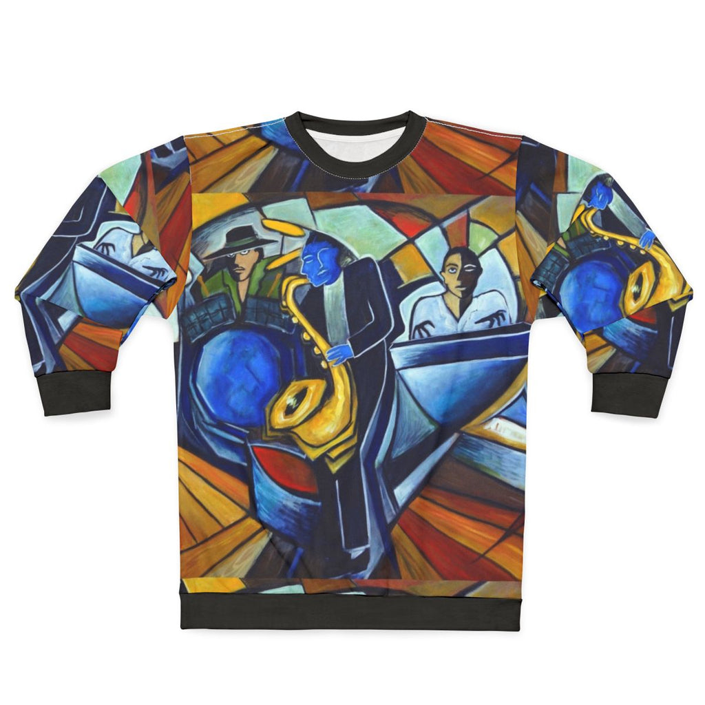 Jam Session Sweatshirt featuring jazz, blues, and music motifs