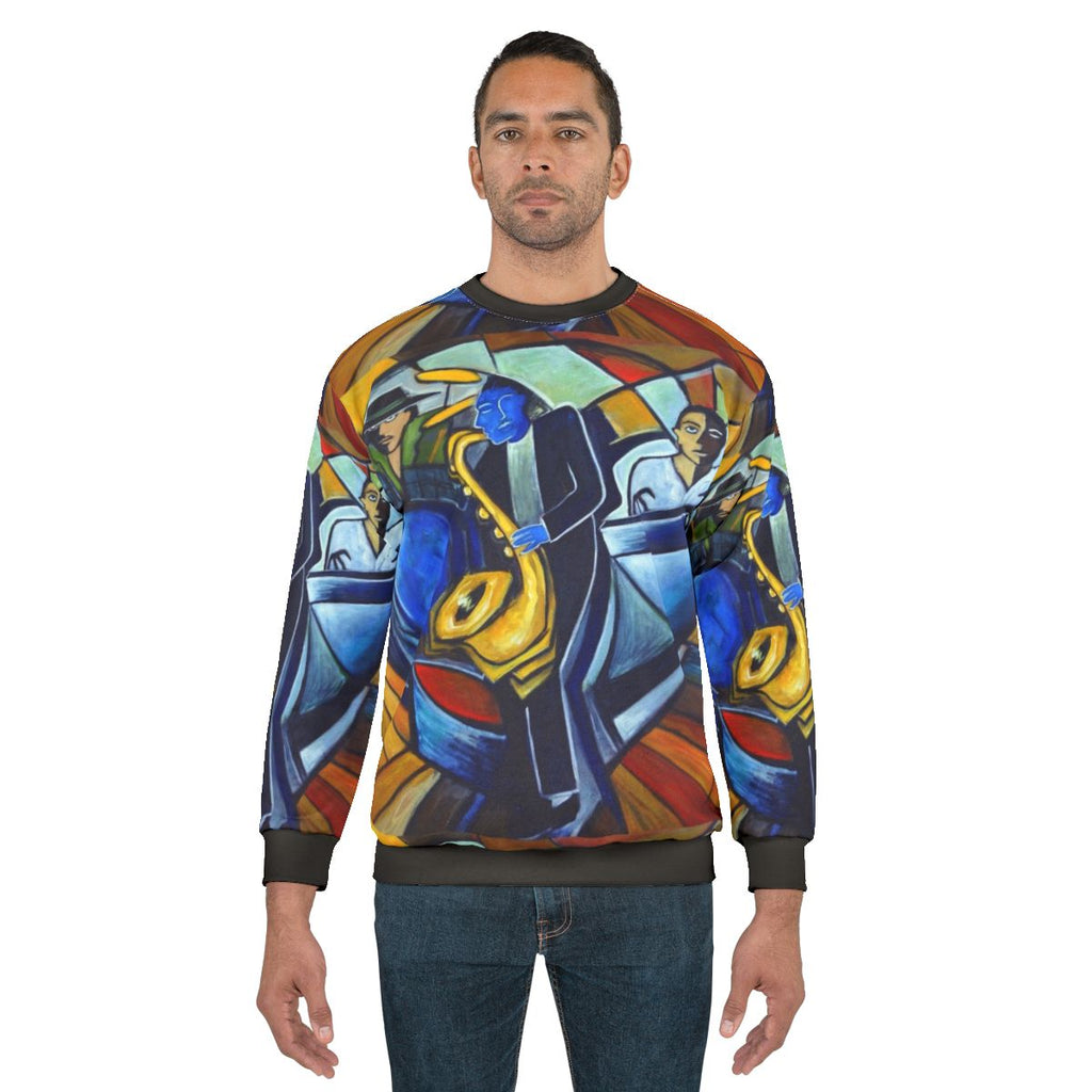 Jam Session Sweatshirt featuring jazz, blues, and music motifs