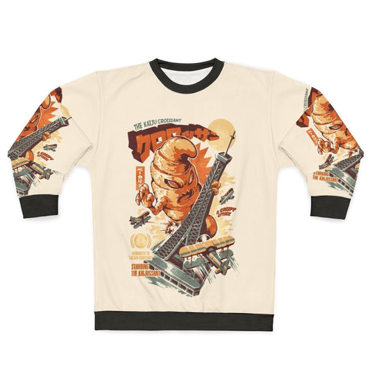 Kaijussant Retro Sweatshirt featuring a croissant monster in a vintage Japanese kaiju style