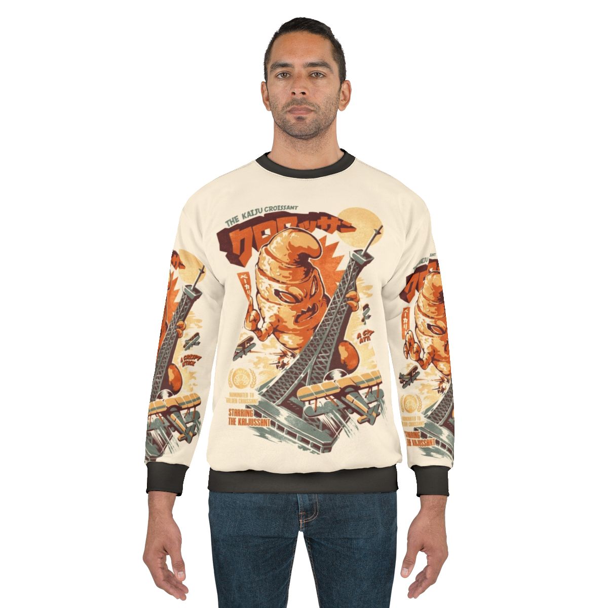 Kaijussant Retro Sweatshirt featuring a croissant monster in a vintage Japanese kaiju style