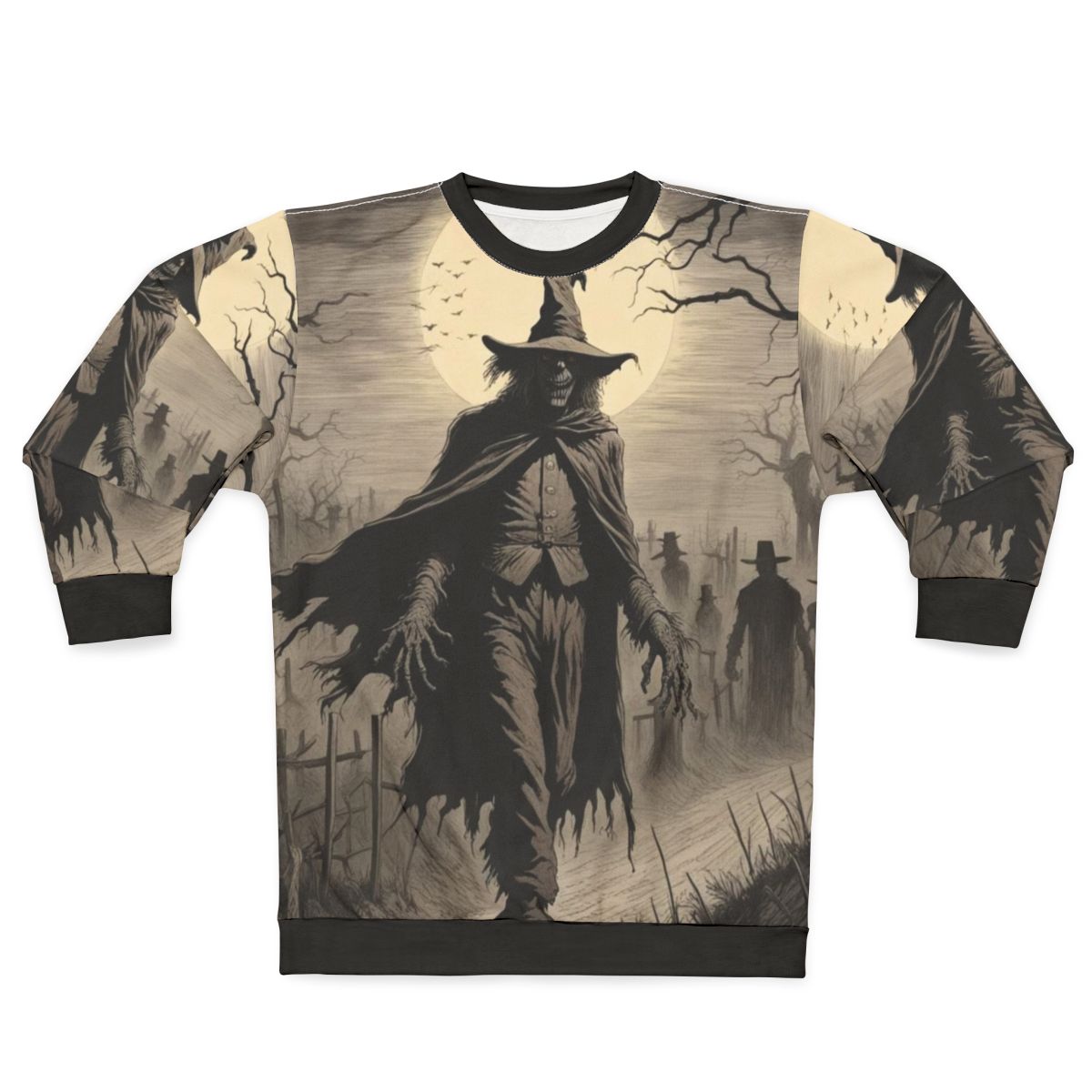 Keeper of the Fields haunting sweatshirt with scarecrow and autumn night design
