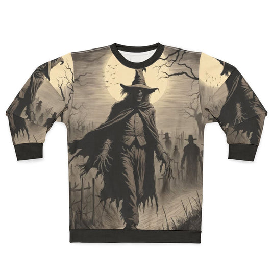 Keeper of the Fields haunting sweatshirt with scarecrow and autumn night design