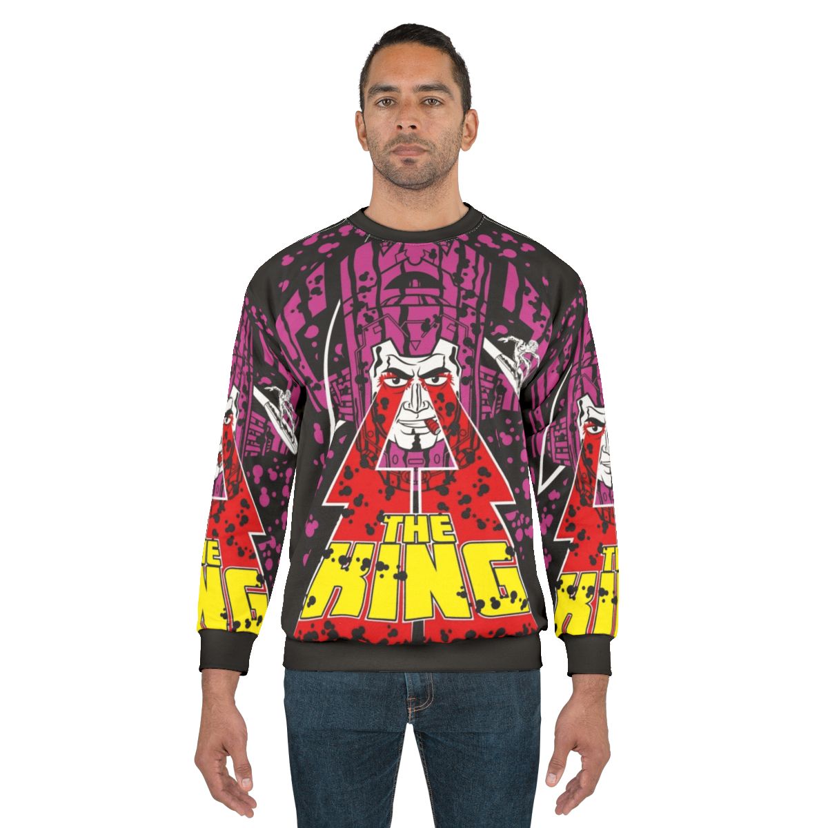 The King Sweatshirt featuring cosmic superheroes from Marvel and DC comics