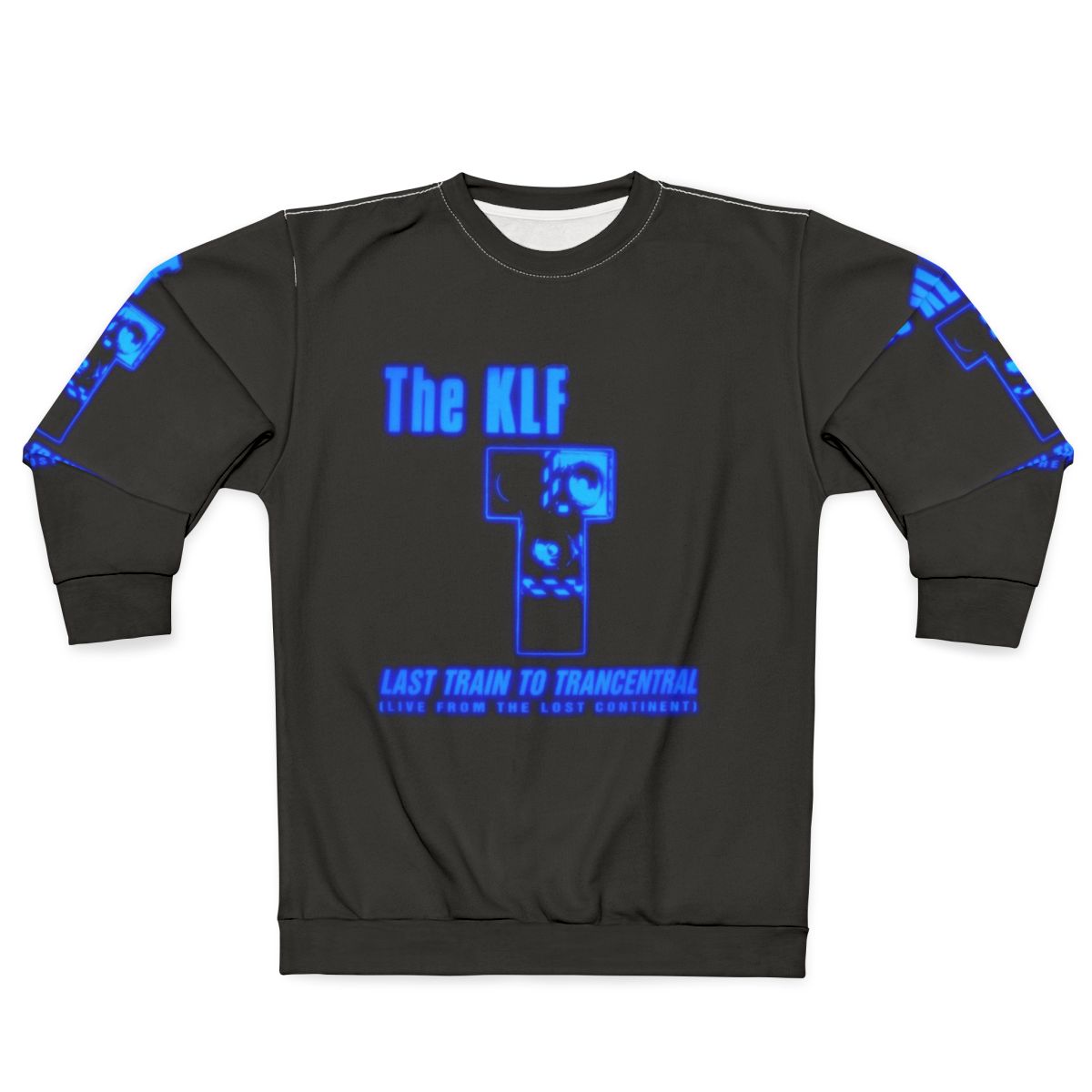 90s sweatshirt featuring The KLF "Last Train to Trancentral" design