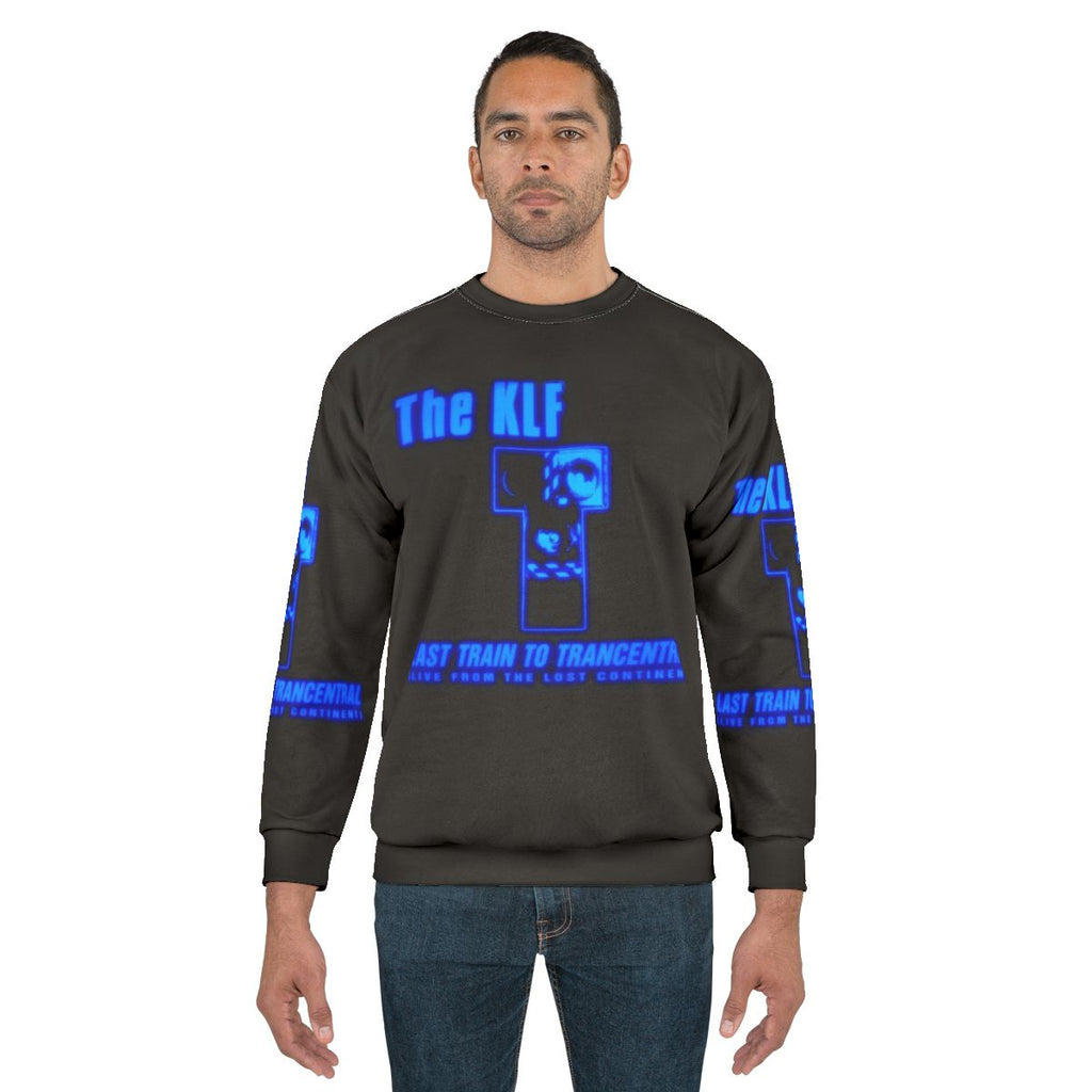 90s sweatshirt featuring The KLF "Last Train to Trancentral" design