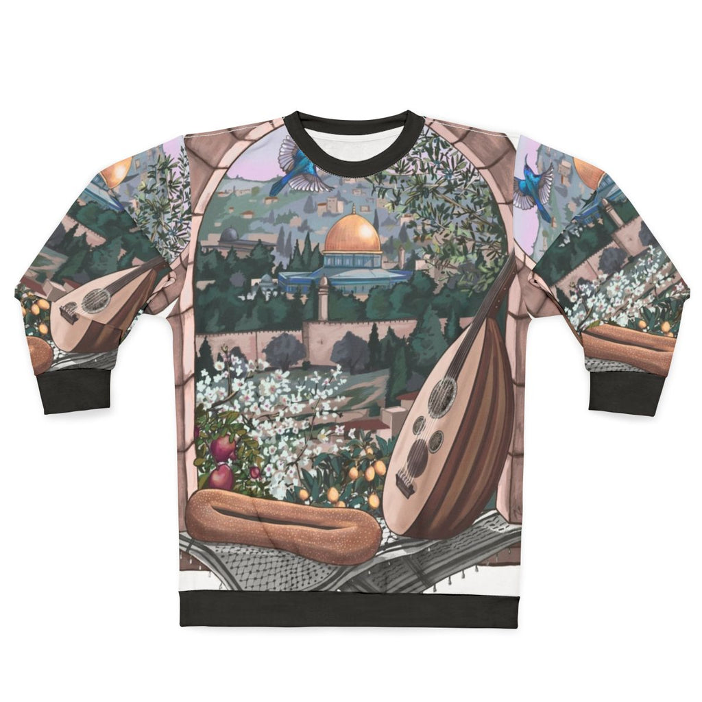 Arabic Sweatshirt featuring Palestinian art and cultural symbols