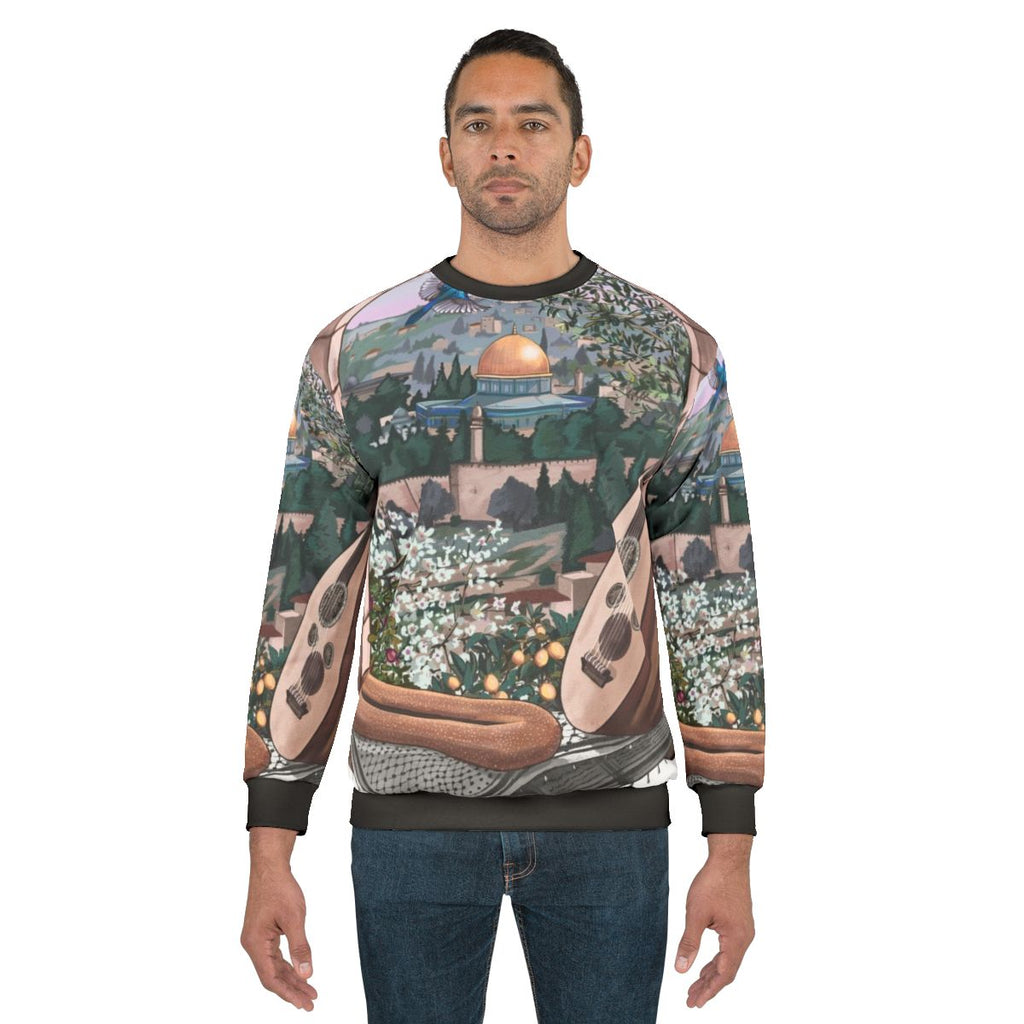 Arabic Sweatshirt featuring Palestinian art and cultural symbols