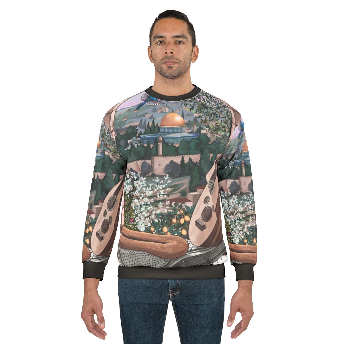 Arabic Sweatshirt featuring Palestinian art and cultural symbols