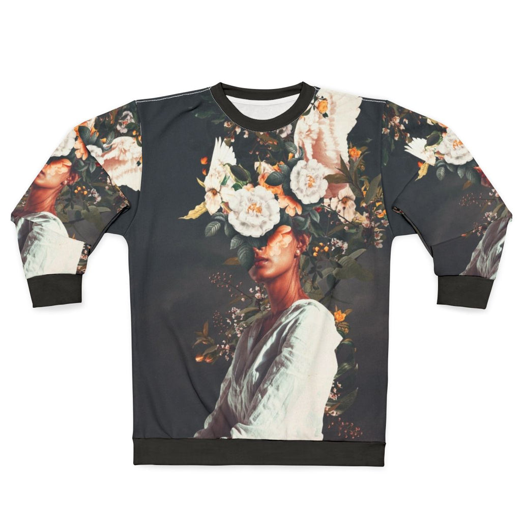 Surreal floral portrait of a woman wearing a sweatshirt