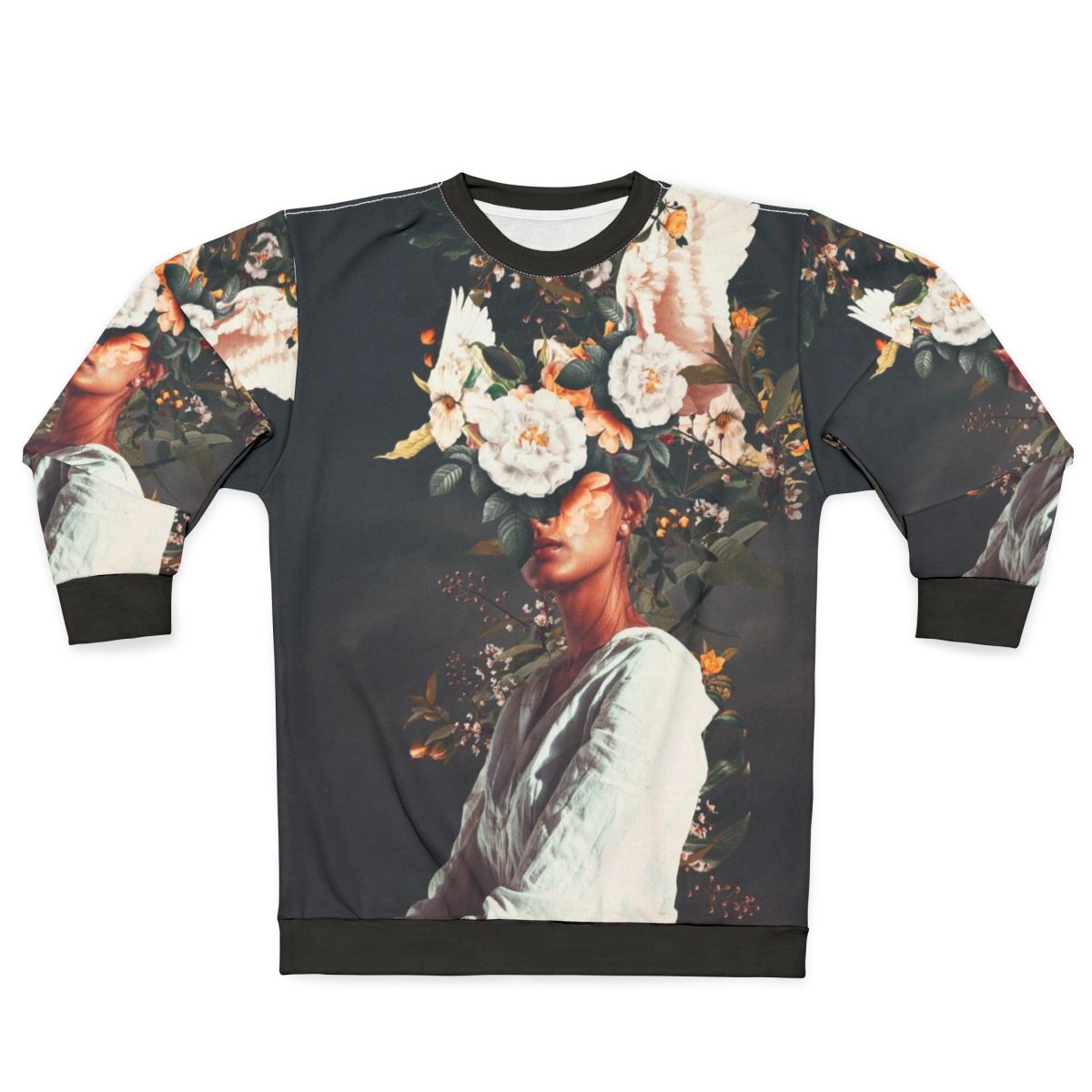 Surreal floral portrait of a woman wearing a sweatshirt