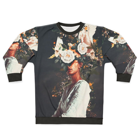 Surreal floral portrait of a woman wearing a sweatshirt