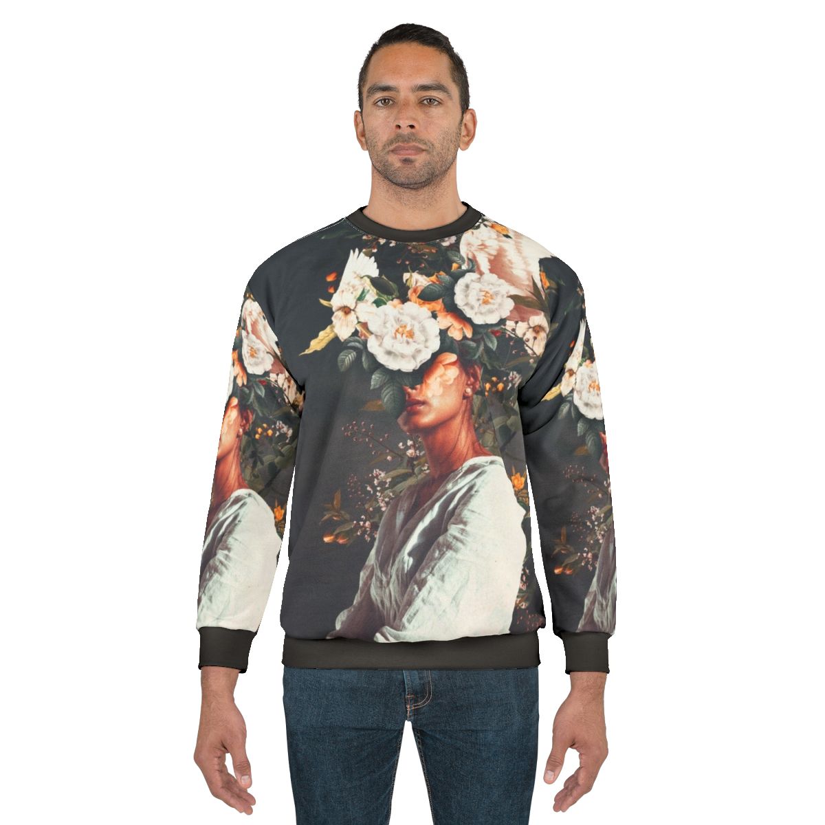Surreal floral portrait of a woman wearing a sweatshirt