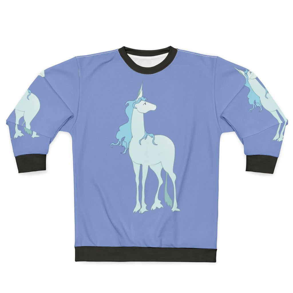 Amalthea illustration from the classic fantasy film The Last Unicorn on a cozy sweatshirt
