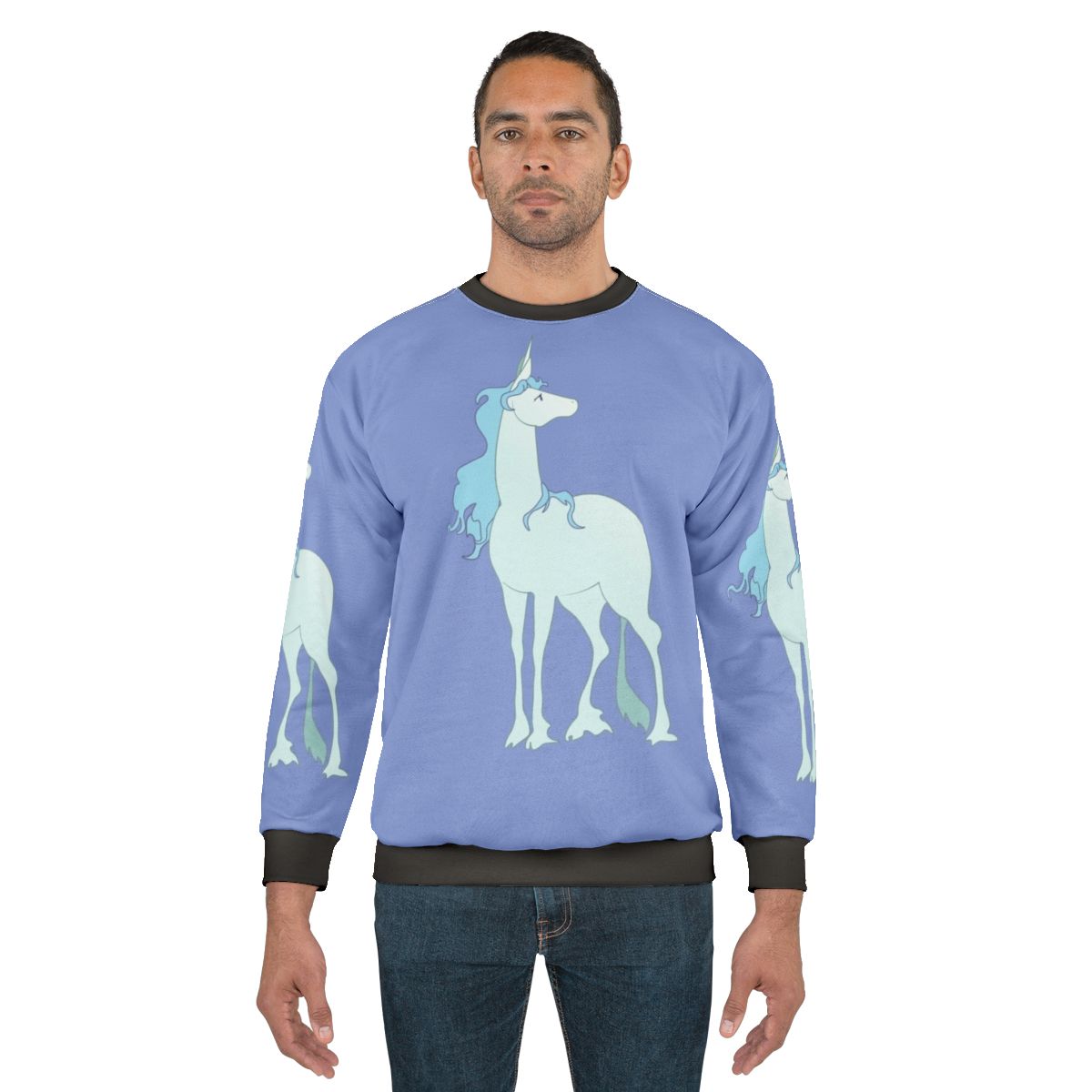 Amalthea illustration from the classic fantasy film The Last Unicorn on a cozy sweatshirt