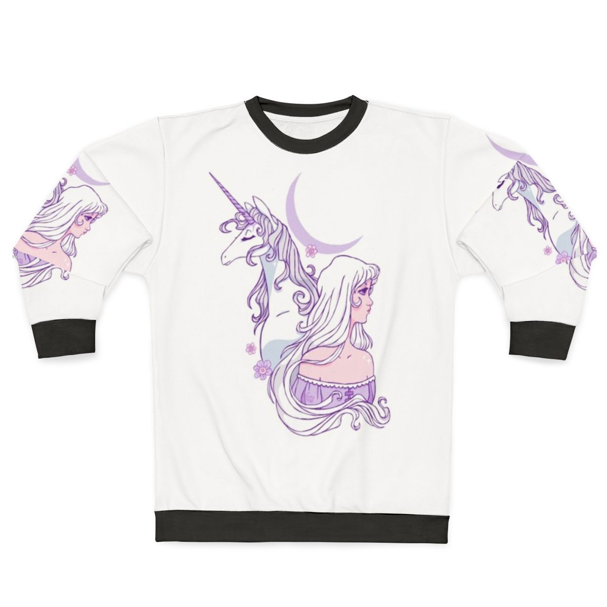 The Last Unicorn fantasy anime character on a cozy sweatshirt