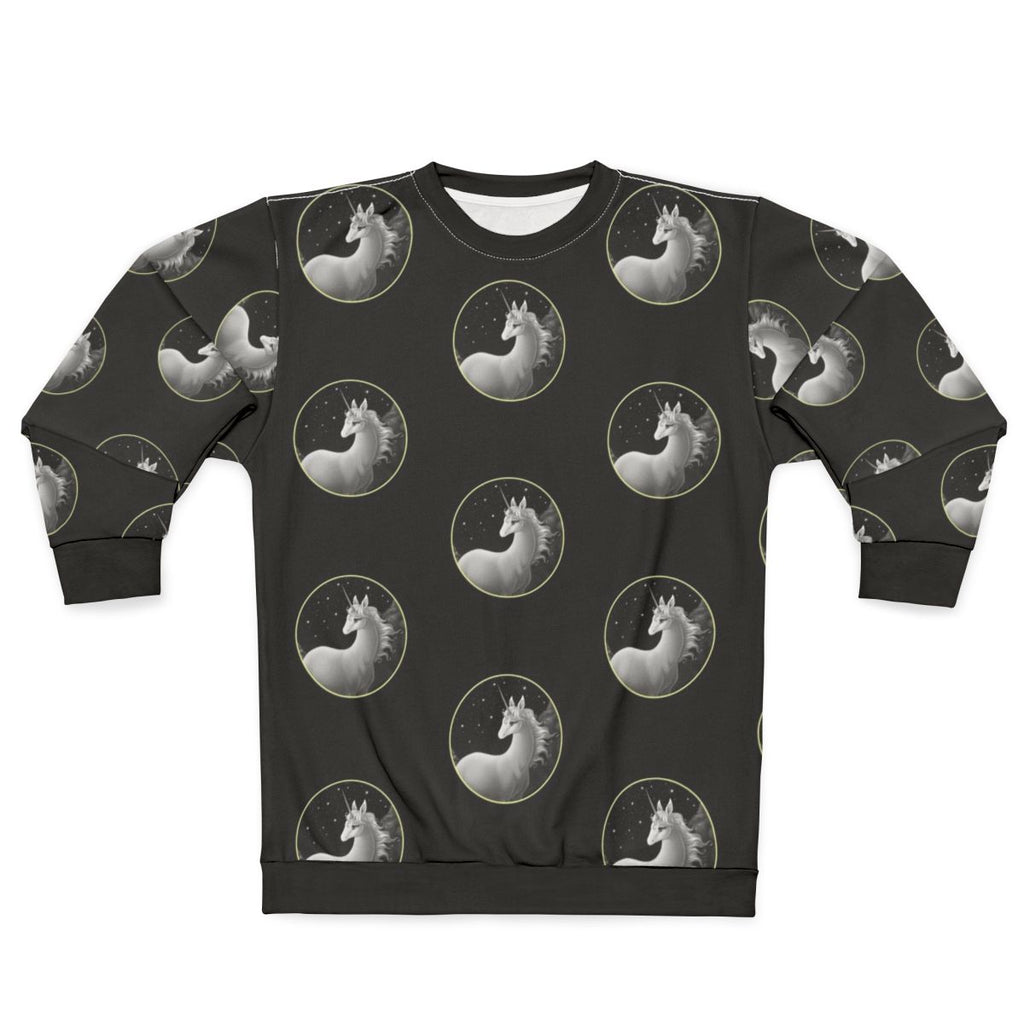 The Last Unicorn fantasy illustration printed on a sweatshirt