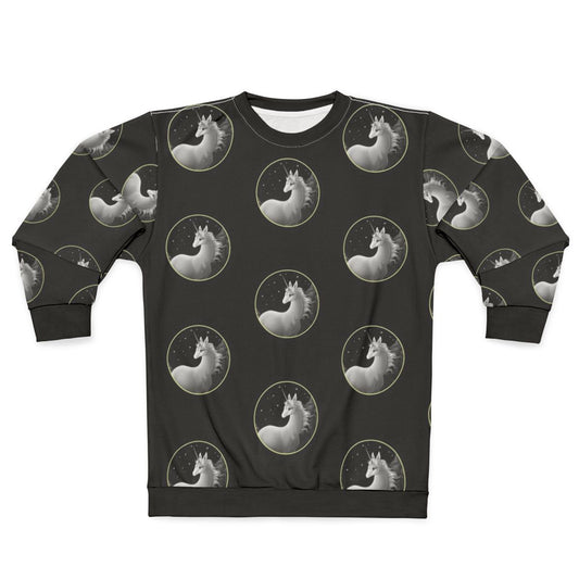 The Last Unicorn fantasy illustration printed on a sweatshirt