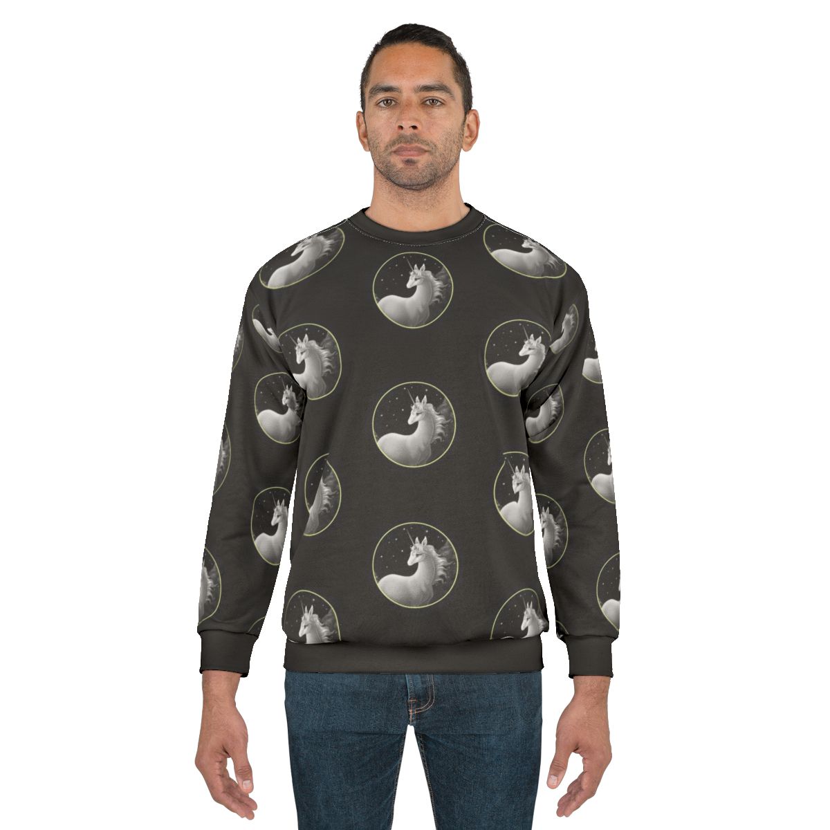 The Last Unicorn fantasy illustration printed on a sweatshirt