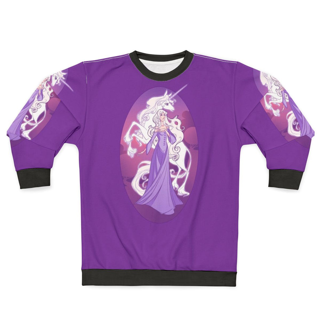 The Last Unicorn fantasy sweatshirt featuring the unicorn lady Amalthea