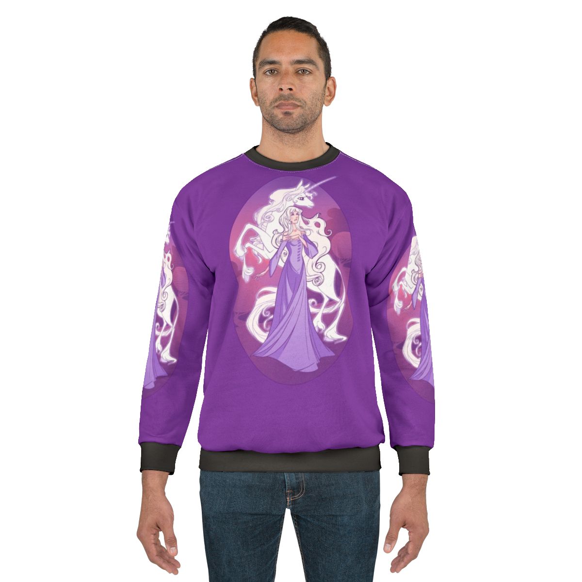 The Last Unicorn fantasy sweatshirt featuring the unicorn lady Amalthea