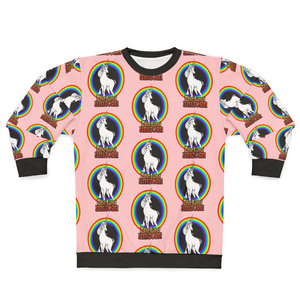 The Last Unicorn rainbow sweatshirt with a white unicorn and rainbow design