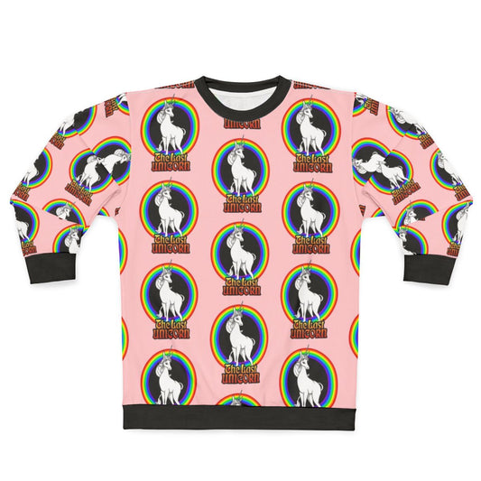 The Last Unicorn rainbow sweatshirt with a white unicorn and rainbow design