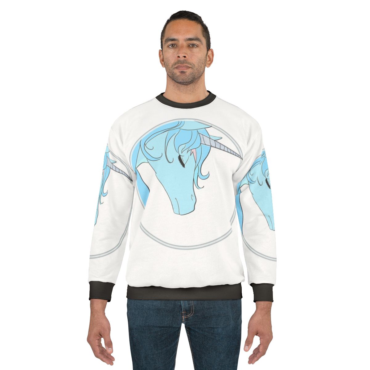 Model wearing a cozy "The Last Unicorn" sweatshirt with a magical unicorn design