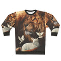 Christian sweatshirt with a design featuring the Lion of Judah and the Lamb of God