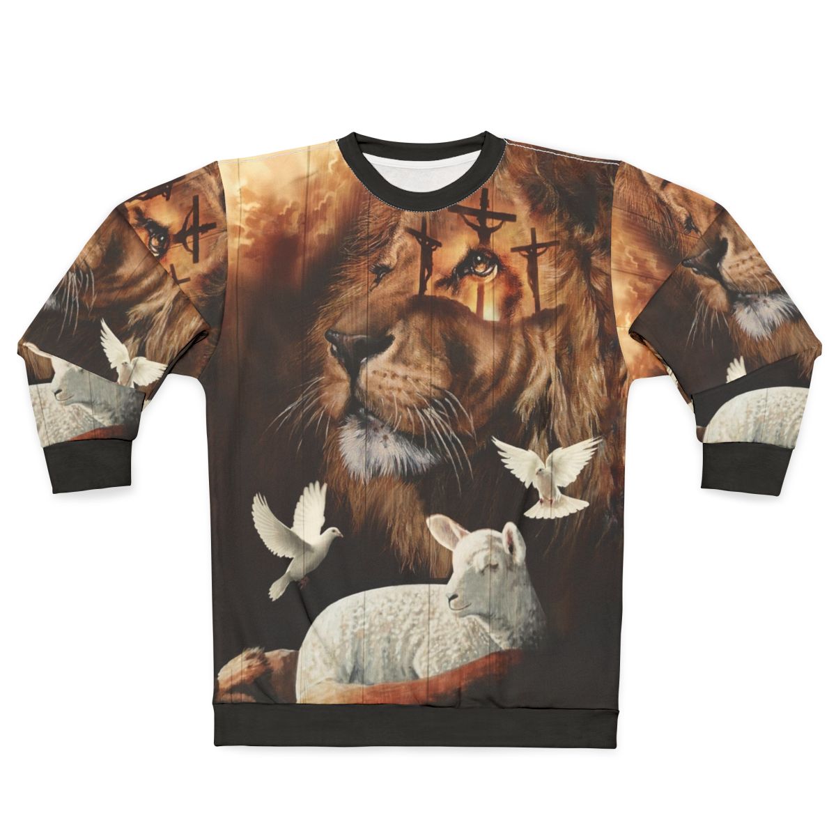 Christian sweatshirt with a design featuring the Lion of Judah and the Lamb of God