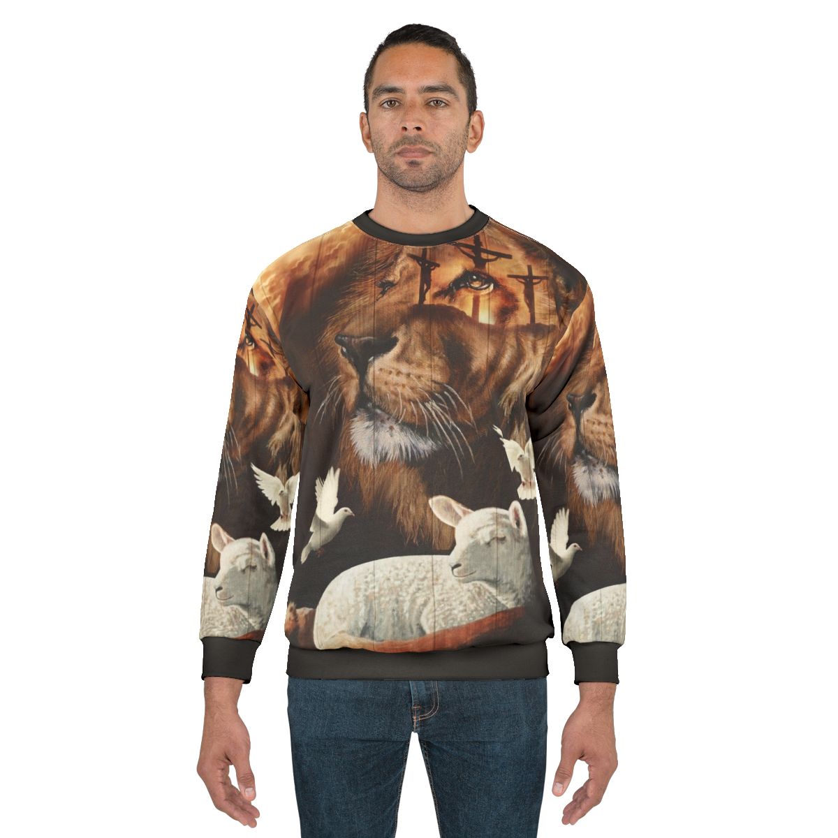 Christian sweatshirt with a design featuring the Lion of Judah and the Lamb of God