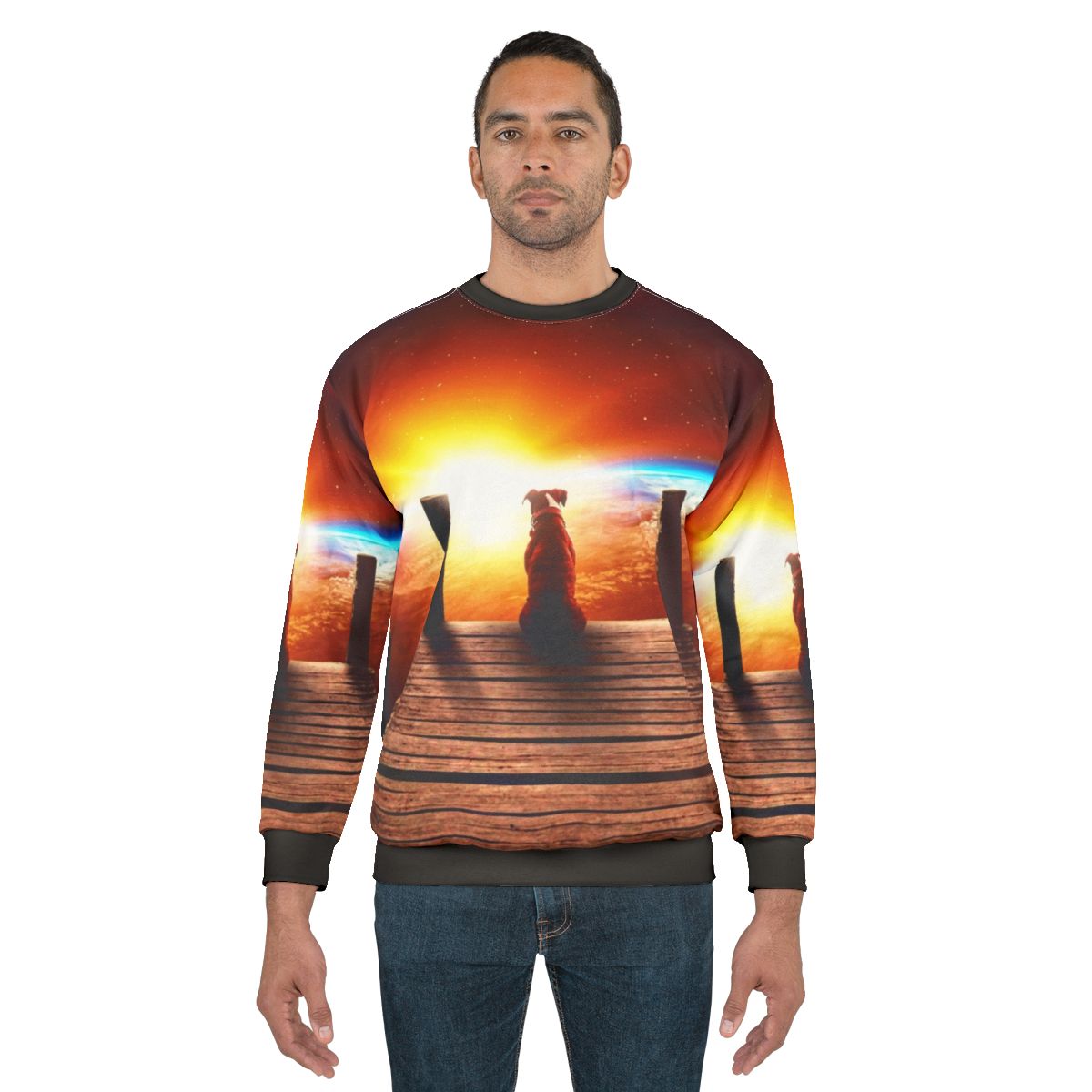 Surreal sci-fi sweatshirt with a dog in space design