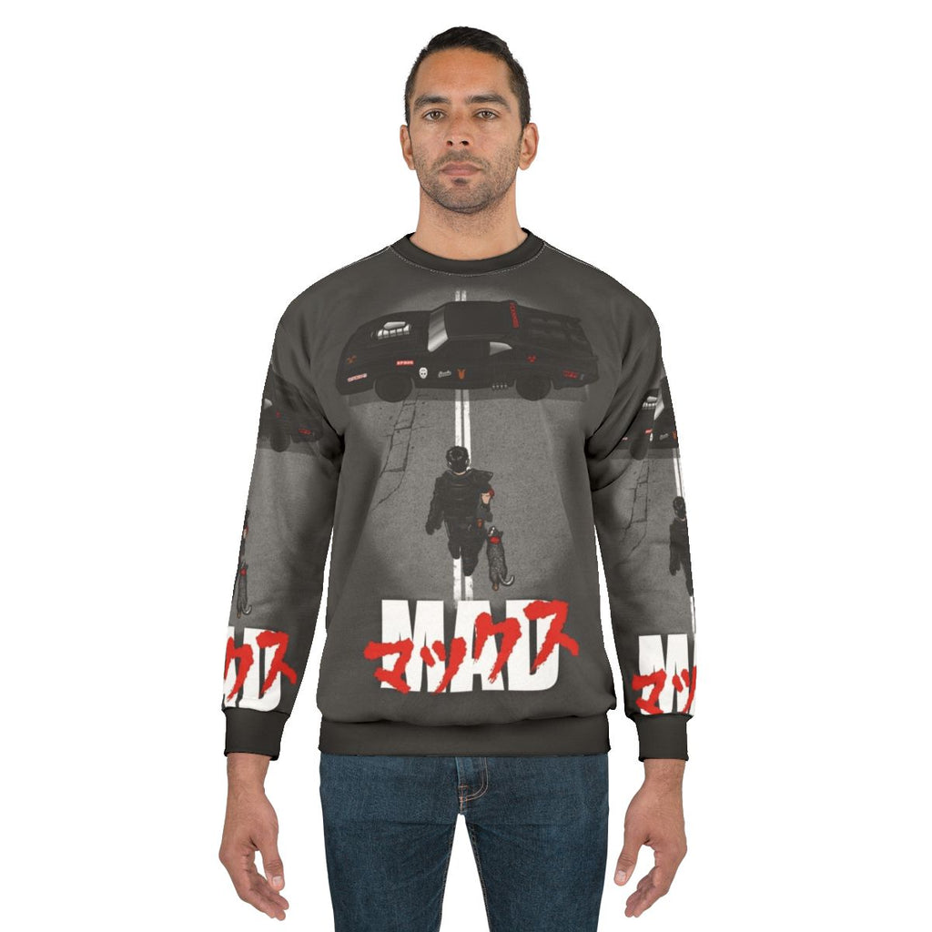 A model wearing the Mad Warrior Sweatshirt, a stylish and bold apparel item inspired by the iconic Mad Max films.