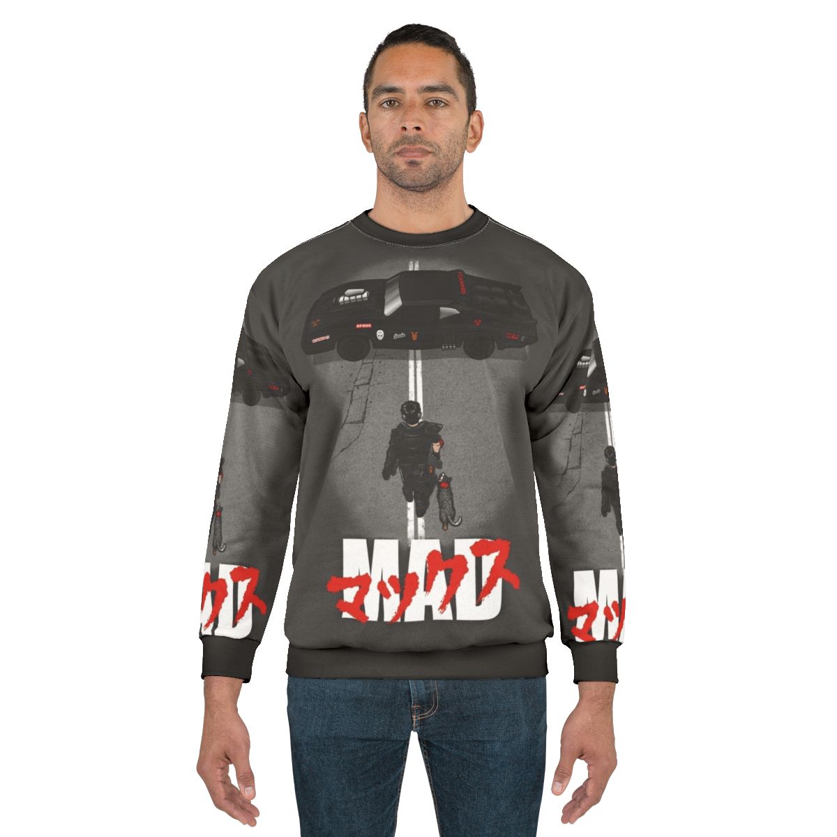 A model wearing the Mad Warrior Sweatshirt, a stylish and bold apparel item inspired by the iconic Mad Max films.