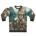 Magical druid and her wolf fantasy character on sweatshirt
