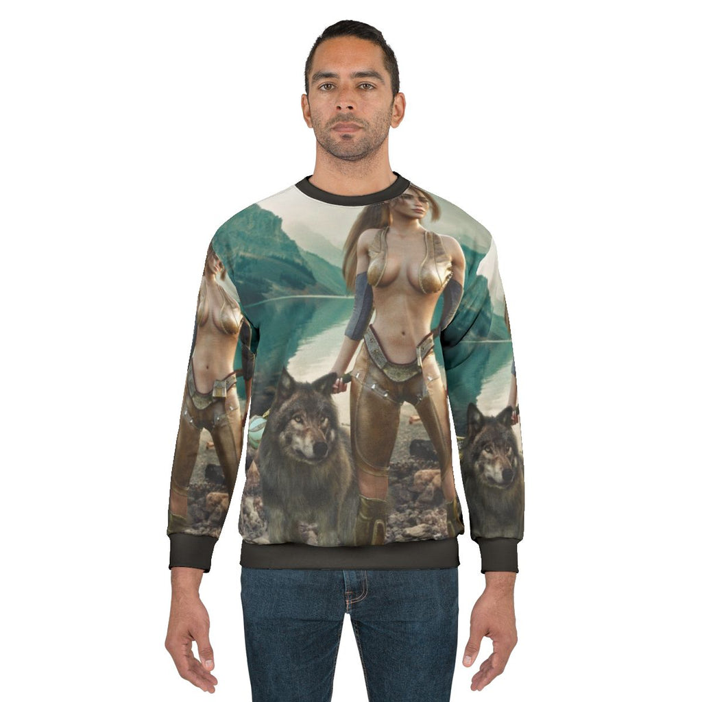 Magical druid and her wolf fantasy character on sweatshirt